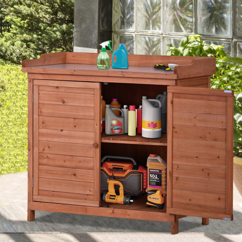 Arlmont & Co. Miquel Outdoor Potting Bench Metal Tabletop, 2 Doors